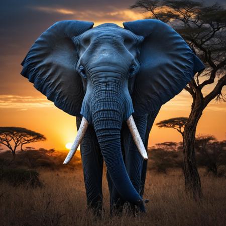 A highly detailed digital artwork of an elephant with one of his ears out. Elephants face in profile, 
facing right, 
Glowing blue eyes, 
majestic expression, 
dark navy blue to black background enhancing vivid foreground elements. Surreal landscape within the elephant's EAR (double exposure) depicting an African savanna at sunset with acacia trees silhouetted against a golden sky, 
rocky outcrops, 
and water reflecting warm hues, 
blending fantasy and nature, 
powerful mystical atmosphere