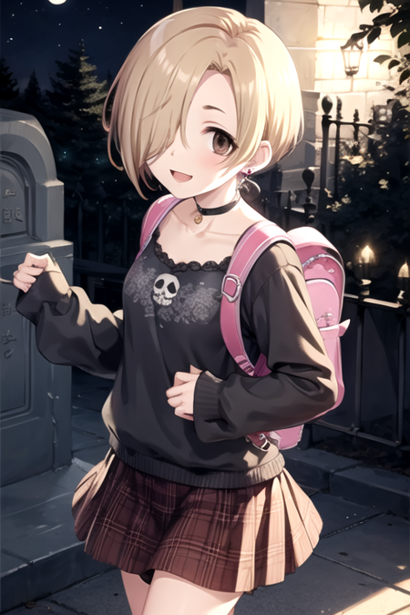 <lora:KoumeShirasaka:0.7>,shirasaka koume, 1girl, solo, looking at viewer, smile, short hair, open mouth, skirt, blonde hair, brown eyes, jewelry, collarbone, :d, earrings, outdoors, sky, choker, bag, hair over one eye, tree, sleeves past wrists, plaid, night, moon, backpack, full moon, sleeves past fingers, skull, ghost, bags under eyes, tombstone, graveyard, flashlight