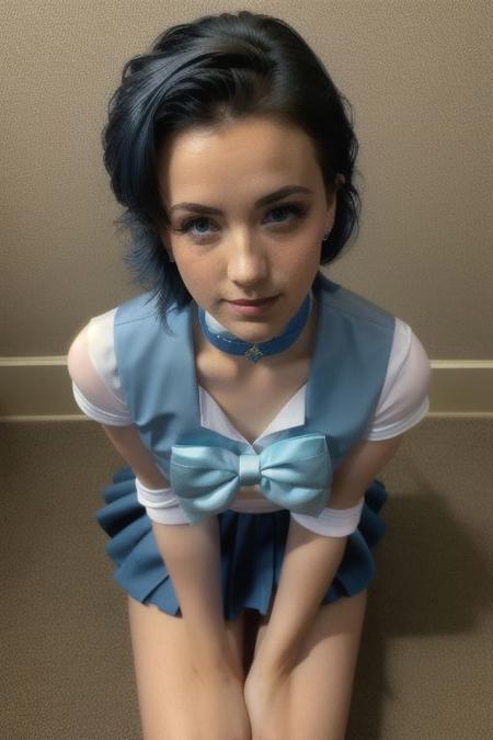 Instagram photo, skinny little sailor mercury, mer1, tiara, sailor senshi uniform, blue sailor collar, bow, knee boots, choker, white gloves, blue choker, elbow gloves, jewelry, earrings, blue skirt, (perfect detailed eyes), extremely detailed irises, eye contact, tan lines, perfect skin, beautiful short fingernails, 8k, extreme detail, high resolution