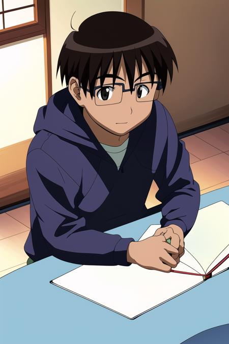 <lora:love-hina-keitaro-urashima:1> keitaro urashima wearing a blue hoodie, studying on a kotatsu table in a bedroom, full body shot, looking at viewer, beautiful face, highly detailled eyes, masterpiece, absurdres