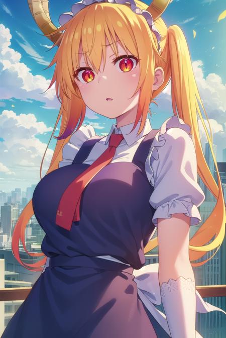 dragontohru, <lora:dragon tohru s2-lora-nochekaiser:1>, 
tohru, tohru \(maidragon\), long hair, bangs, blonde hair, hair between eyes, twintails, very long hair, multicolored hair, horns, fang, gradient hair, dragon horns, (red eyes:1.3), (slit pupils:1.5),
BREAK gloves, dress, tail, short sleeves, necktie, white gloves, maid, maid headdress, dragon girl, dragon tail, scales, large tail,
BREAK outdoors, sun, sky, clouds, city,
BREAK looking at viewer, (cowboy shot:1.5),
BREAK <lyco:GoodHands-beta2:1>, (masterpiece:1.2), best quality, high resolution, unity 8k wallpaper, (illustration:0.8), (beautiful detailed eyes:1.6), extremely detailed face, perfect lighting, extremely detailed CG, (perfect hands, perfect anatomy),