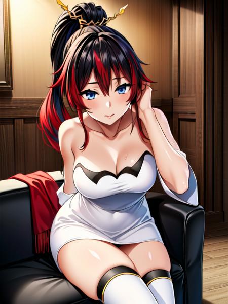 Nanbu_kaguya,two-tone hair,red hair,black hair, ponytail, white dress, white thighhighs, wide sleeves, sleeveless, 