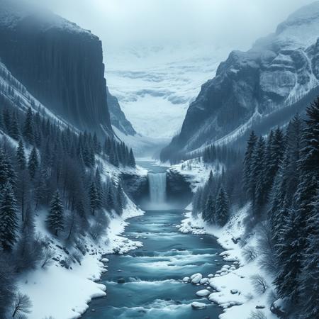 Medieval, D&D, contrast, a snowy mountain range, a half frozen waterfall, a fast flowing river and snowy forests, real photo, 4k