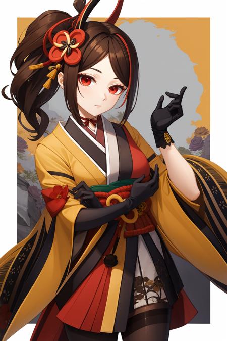 <lora:åç»-000019:1:lbw=role>,qianzhi,hair ornament,red eyes,japanese clothes,brown hair,kimono,gloves,bangs,black gloves,multicolored hair,hair flower,side ponytail,elbow gloves,pantyhose,, 1girl,
,  (masterpiece,best quality:1.2),absurdres