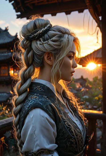 A Yakuza ronin villainess with light beige hair, featuring a messy fishtail braid, is depicted in this captivating video game scene. She has Caucasian features, small breasts, and a slim figure, adorned with fishnets. The setting sun casts a warm glow upon the scene, which takes place in the picturesque Shire during springtime.
Her bombshell hair is styled with slate gray hues and black highlights, cascading elegantly down her back. The villainess strikes a pigeon pose, showcasing her agility and allure. In addition to her striking appearance, she is armed with lethal shuriken, adding an eerie and dangerous element to the scene.