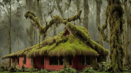 old hut(wood, mossy, chimney, light red color), in the jungle surrounded by trees and