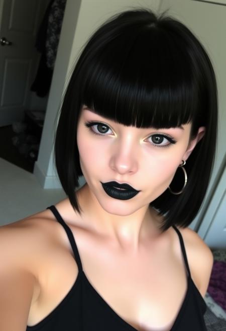 hot goth girl, sexy face, pale skin, cute, matte black lipstick, thick eyebrows, short straight black hair, short/blunt straight bangs, selfie pic, huge tits out, 18 year old, casual clothes, clean bedroom in the background, realistic skin texture, eye contact, normal arms, sharp focus,