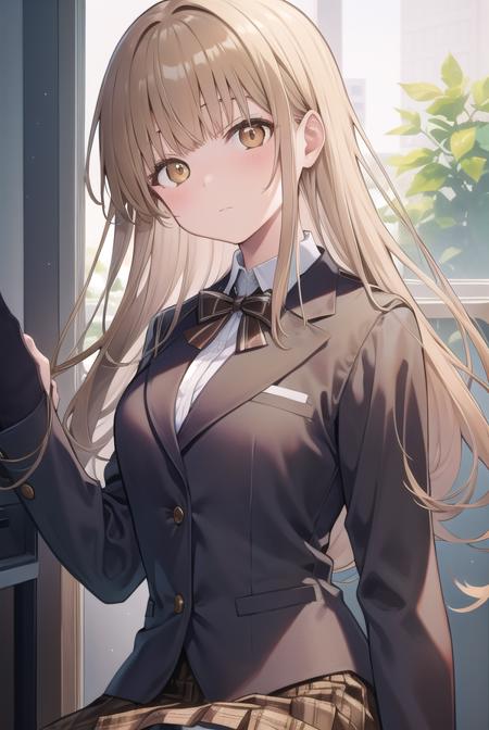 mahirushiina, <lora:mahirushiina-lora-nochekaiser:1>,
mahiru shiina, blonde hair, (brown eyes:1.7), long hair, 
BREAK black footwear, black pantyhose, blazer, bow, bowtie, collar, collared shirt, jacket, pantyhose, plaid, plaid skirt, pleated skirt, red bow, red bowtie, school uniform, shirt, shoes, skirt,
BREAK looking at viewer, full body,
BREAK indoors, classroom,
BREAK <lyco:GoodHands-beta2:1>, (masterpiece:1.2), best quality, high resolution, unity 8k wallpaper, (illustration:0.8), (beautiful detailed eyes:1.6), extremely detailed face, perfect lighting, extremely detailed CG, (perfect hands, perfect anatomy),