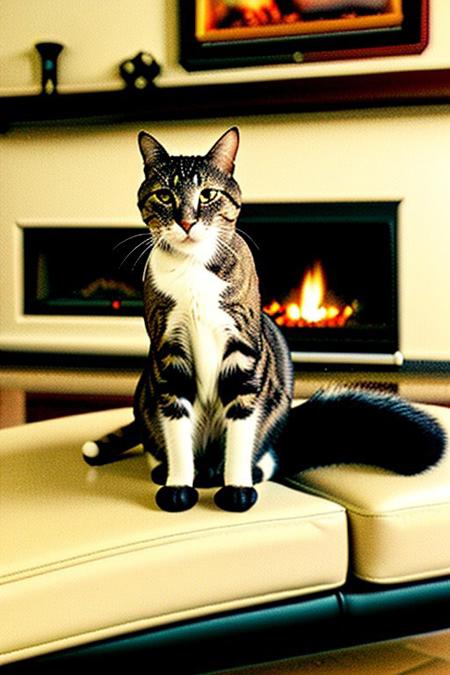 a cat smoking a cigar, sitting on black couch, fireplace,<lora:vhs:1>