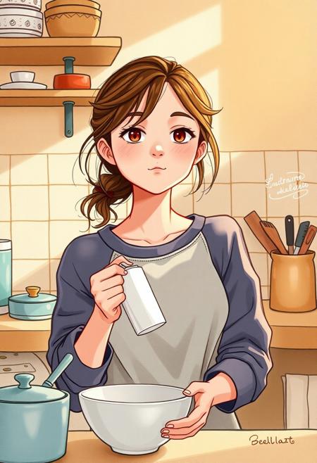 a 25yo girl with some masculine features, washing dishes, doodle, warm color palette, natural lighting