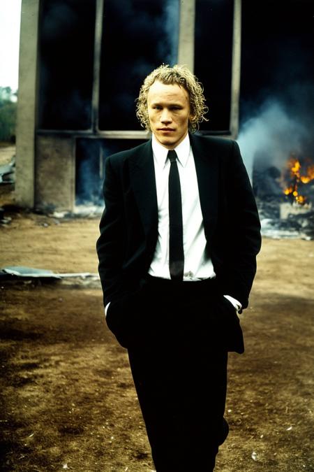 lomo style portrait of heath ledger wearing a suit at a burning house experimental