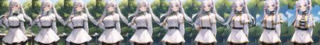 <lora:frieren:0.1>, frieren, 1girl, solo, long hair, breasts, looking at viewer, smile, bangs, long sleeves, dress, twintails, jewelry, green eyes, grey hair, pantyhose, cowboy shot, earrings, outdoors, parted lips, day, pointy ears, striped, belt, white dress, grin, arm up, black pantyhose, capelet, elf, arm behind back, black belt, white capelet