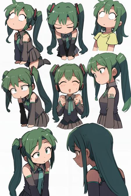 masterpiece, best quality, <lora:style05:1>, chibi,hatsune miku,green hair,long hair,twintails, headband, white background, chibi,multiple girls, multiple views,