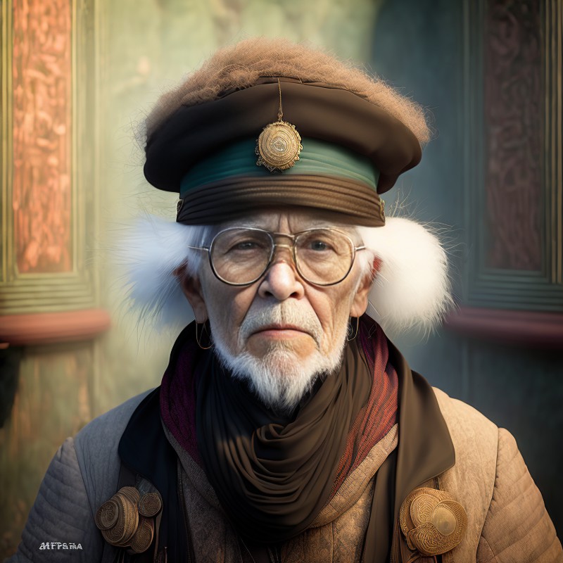 (Professional 3D rendering:1.3) of (steampunkgranny:1.0) style, upper body close-up portrait of an old man, 1boy, male foc...