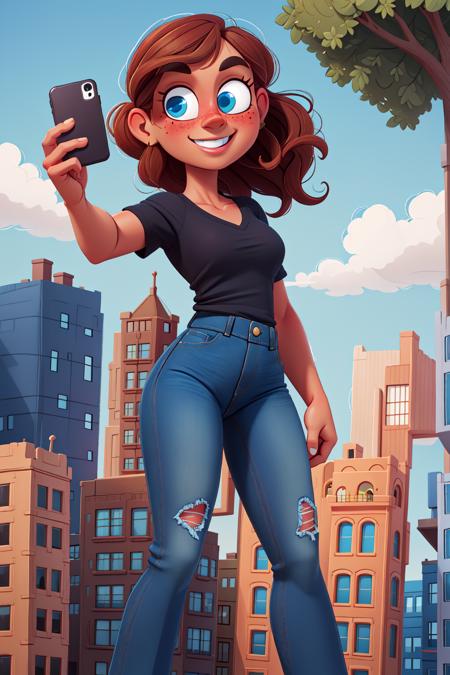 masterpiece,  best quality1girl, freckles, solo, tree, blue eyes, outdoors, brown hair, sky, looking at viewer, selfie, shirt, smile, black shirt, upper body, short sleeves, mole under eye, (city background:1.3), (tight jeans:1.2)