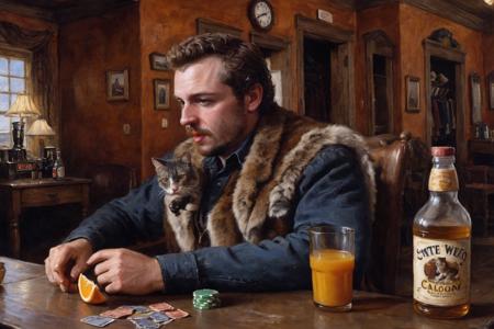 <lora:XL_bossmanjack_v4:1>,  <lora:XL_Oil_Paint_ClassipeintXL1.9:0.7>, (((oil painting))),  slot machines covered in cat fur on left side, 1boy, male focus, facial hair, solo brown hair, drinking a bottle of orange juice in a western saloon,