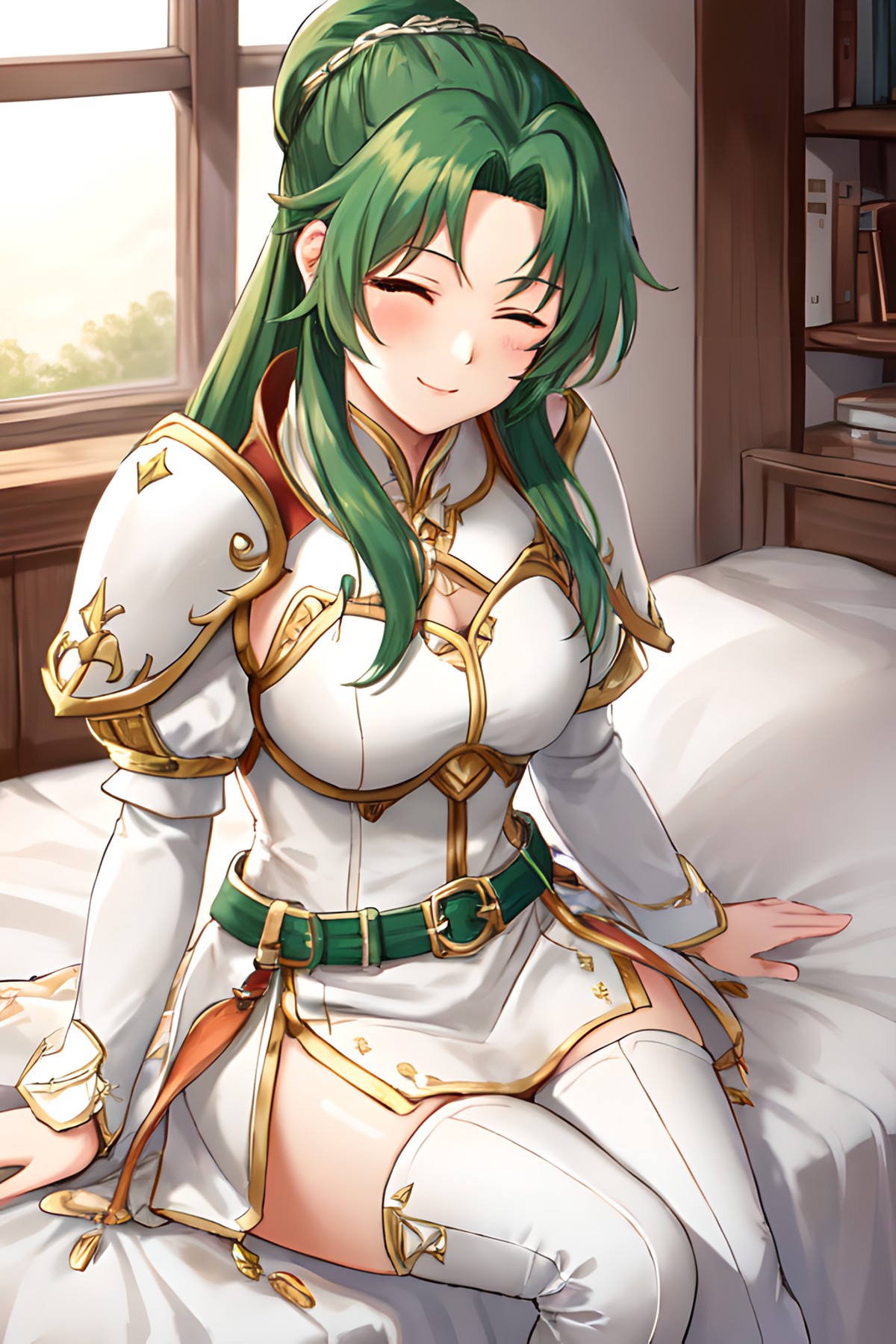 masterpiece, <lora:elincia-10:0.8>, elincia fe, 1girl, solo, looking at viewer, blush, sitting, on bed, seductive smile, w...