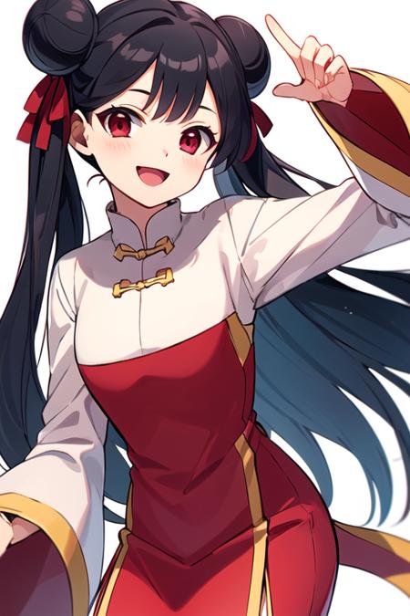 masterpiece, best quality, <lora:meiling_scc:0.7> meiling_scc, 1girl, solo, long hair, black hair, looking at viewer, smile, open mouth, bangs, red eyes, twintails, hair ribbon, double bun, red dress, white dress,  chinese clothes, long sleeves, wide sleeves, jingle bell