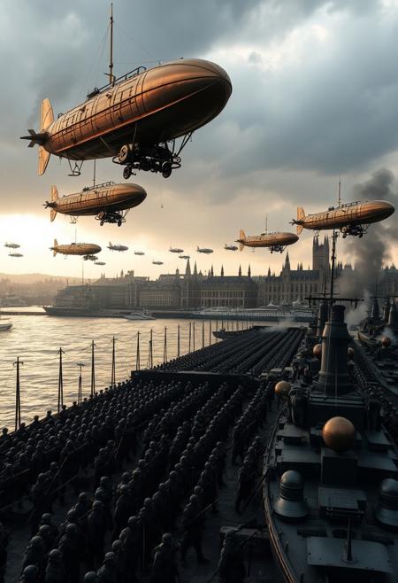 In the expansive harbor, a fleet of Victorian steampunk airships soars through the sky, their bronze and iron hulls glistening in the diffused morning light. Gears and propellers churn rhythmically, while steam hisses from the vents, propelling the airships toward the distant horizon. Below, the ground is a hive of activity, where an army clad in polished iron armor stands at attention, awaiting orders. The soldiers, positioned in precise formations, prepare to board the massive battleships docked along the pier. The navy's imposing vessels, crafted with industrial-era ingenuity, are lined up, chimneys spewing thick plumes of smoke into the sky. A sense of anticipation permeates the air as the forces ready for battle. The city behind them, with its towering gothic architecture, casts long shadows across the harbor, adding to the tension. The dramatic, low-angle shot captures the converging forces of air and sea, amplifying the chaos and strategic intensity of the moment. The sky darkens as storm clouds gather, setting an epic and moody cinematic tone.
Victorian age, industrial evolutionary-era, steampunk.
(Ultra-realistic, 32k, Masterpiece, High Quality, Detailed Realistic Background, Official Art, Realistic Lighting, filmfotos, film grain, reversal film photography).(captivating gaze:1.1), (contrast of light and texture:1.2), artistic interplay, (sharp luminous streaks:1.1), (detailed iris:1.1), Sony α7R IV, 1/320s, f/2.8, ISO 400), (intrinsic contrast:1.2).
