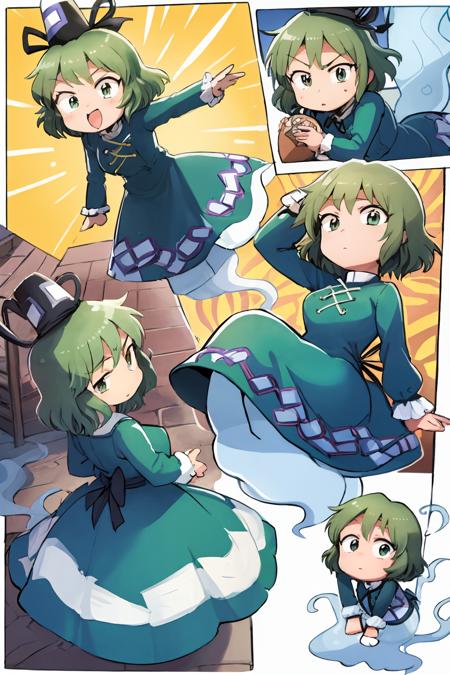 masterpiece, best quality,  <lora:SoganoTojiko:1>,1girl,soga no tojiko, hat,green hair,short hair,green eyes,long sleeves, green dress,ghost tail,(ghost legs:1.4), <lora:style05:1>,multiple girls, multiple views, comic,border,koma,(chibi:1.4)