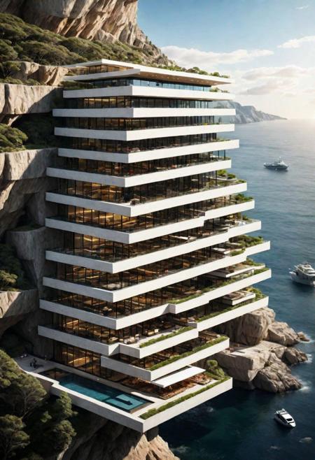 (Shopping malls, department stores, hotels and commercial offices on a rocky coast, half embedded in the cliff:1.3),  (avant-garde, future, reality, science fiction, photorealistic), (modern architecture:1.2), (Kan Kankavee:1.2), (David Alan Chipperfield CH:1.3), (Large Files, Ultra Realistic, 8K, 16k, FHD, HD, VFX, Perfect, Photography, composition, Architecture Sales Photography, Architecture Competition, Ultra High Resolution, Cinematography, High Resolution Image:1.1), (dramatic lighting, direct sunlight, ray tracing, clear shadow:1.1), (magnificent , Abstract Expressionism but extremely beautiful:1.2), [:traffic|windows|railing|stair|balcony|terrace|crowd|Sidewalk|vehicle|trees|equipment| detailed signal_details:0.7], [:marble|granite|lbrick|tile|metal|concrete|glass|foliage_material texture:0.7], (real landscape:1.1), (blurred background:1.0), [buildings|BREAK|trees|BREAK|Crowd|buildings|BREAK|trees|BREAK|Crowd|buildings|BREAK|trees|BREAK|Crowd:0.7], (background, more_details:0.3)
great lighting, clear