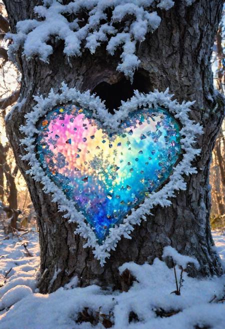snow covered oak tree stands in the middle of the forest, 
there is a hole in the trunk of the tree with a iridescence Swarovski heart inside, 
colored light shines through the heart, 
show the icy branches hanging down, 
winter background, 
in style of Josephine Wall., 
Broken Glass effect, 
no background, 
stunning, 
something that even doesn't exist, 
mythical being, 
energy, 
molecular, 
textures, 
iridescent and luminescent scales, 
breathtaking beauty, 
pure perfection, 
divine presence, 
unforgettable, 
impressive, 
breathtaking beauty, 
Volumetric light, 
auras, 
rays, 
vivid colors reflects