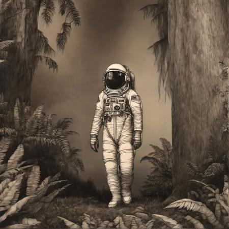 johnmortensen drawing of an Ultra realistic long shot of a female Astronaut in a Jungle, photograph, broken helmet tangerine cold color palette, muted colors, detailed, 8k