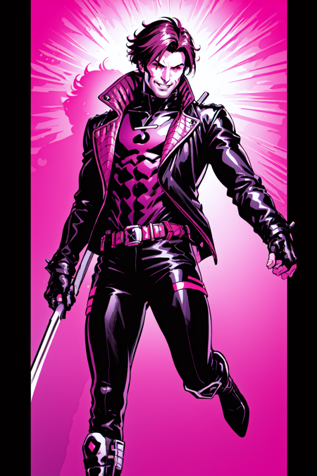 Gambit, Le Diablo Blanc, Remy Lebeau, smirk,  gloves, jacket, weapon, boots,open clothes, teeth, belt, pants, sword, fingerless gloves, clenched hands, open jacket, black jacket, bodysuit, mask, muscular, spikes, kicking, leather,  superhero, leather jacket, specular highlights, dynamic angle, dynamic pose,  dynamic lighting, rim lighting, side lighting, extreme light and shadow, fxaa,<lora:Remy_Lebeau-XMEN:0.6>