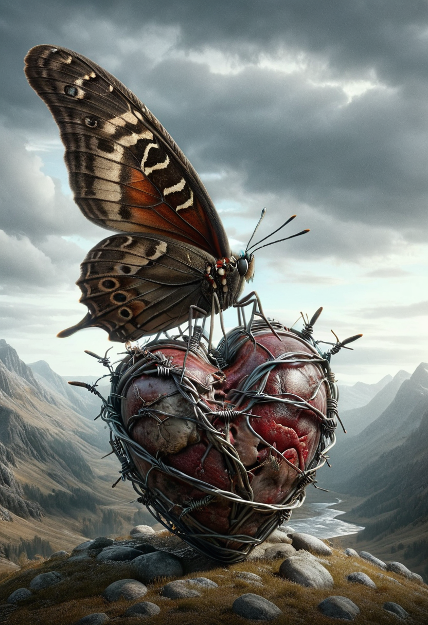 a butterfly sits on a human heart in barbed wire, High detail, 8k,  <lora:ral-barbwire:0.4>  <lora:ral-mythcr:1>