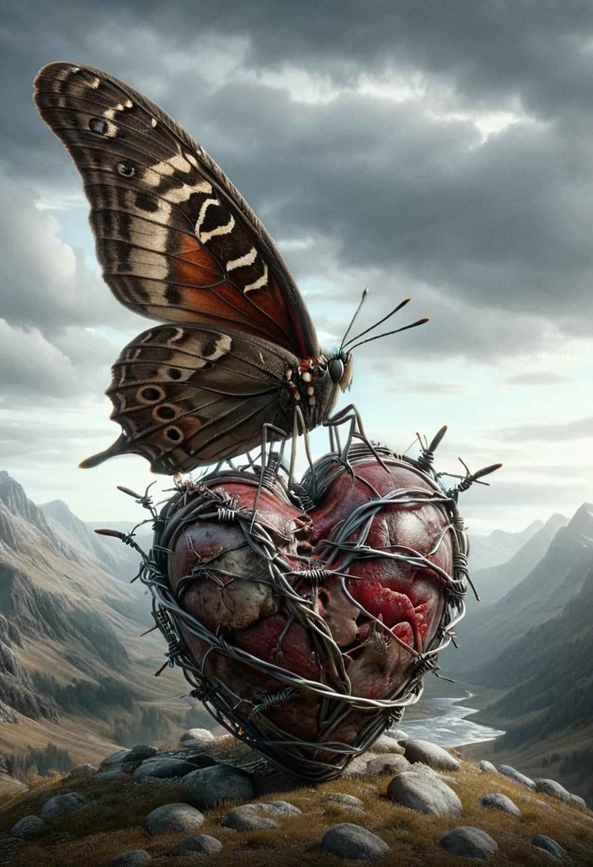 A butterfly is perched on a heart that is pierced with barbed wire.