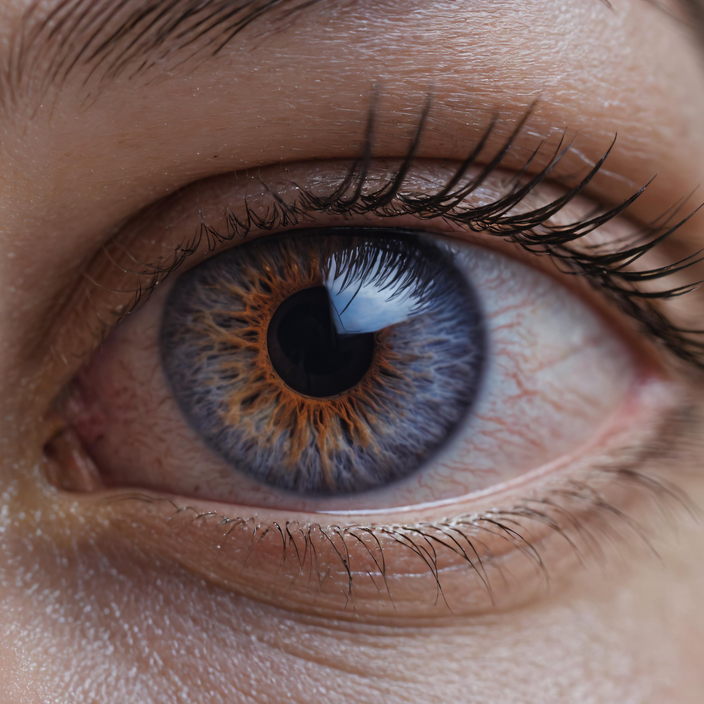 A close-up of a person's eye with a blue and orange iris.