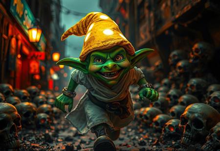 score_9, score_8_up, score_7_up, masterpiece, slimes_skullwm, csr style, (close-up, goblin, green, happy face, yellow glowing wizzard hat, white glowing robe, running,) on a street made of skulls, dim red glowing, hyper detailed, apocalyptic city made of skulls, rusty, warm street lights. low angle shot, shallow depth of field, dslr, 8k, uhd, hdr, sfw, scinematic lighting,