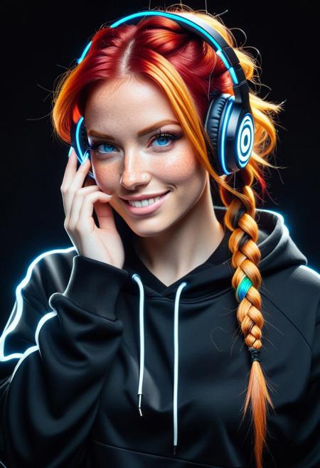 masterpiece, best quality, good quality, very aesthetic, absurdres, newest, LED, colorful LED lights, beautiful women with red hair with blonde highlights. wearing a black hoodie and black LED headphone, nose piercing, solid black background, looking at viewer, dynamic pose, hand on face, attractive, freckles, cute smile, blue eyes, long braided hairstyle, saved sides, bold makeup, soft cinematic lighting, head and shoulders portrait, ultra detailed, upper body focused, perfect face, detailed face,