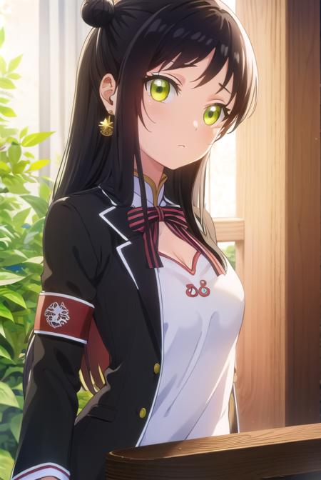 teriawang, <lora:teria wang s1-lora-nochekaiser:1>,
teria wang, long hair, black hair, (green eyes:1.3), hair bun, double bun,
BREAK dress, earrings, chinese clothes, armband, bow, school uniform, jacket, striped, white dress,
BREAK indoors, classroom,
BREAK looking at viewer, (cowboy shot:1.5),
BREAK <lyco:GoodHands-beta2:1>, (masterpiece:1.2), best quality, high resolution, unity 8k wallpaper, (illustration:0.8), (beautiful detailed eyes:1.6), extremely detailed face, perfect lighting, extremely detailed CG, (perfect hands, perfect anatomy),