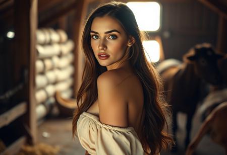 Masterpiece, best quality, score_9, score_8_up, score_7_up, score_6_up, hd, high definition, highly detailed, Retro Photo of a stunningly beautiful young madonna in a stable in a revealing tunic, large breasts, sideboob, long flowing brunette hair, beautiful hazel eyes, delicate features, long neck, curvy hips, tiny waist, slender, round ass, closed mouth, full lips, soft light, glowing light, seductive, sensual, making eye contact with viewer while looking over her shoulder