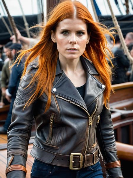 photo of Kate Mara with (long orange hair), (wearing a worn vintage punk leather jacket:1.3), (standing in a pirate ship:1.3), summer