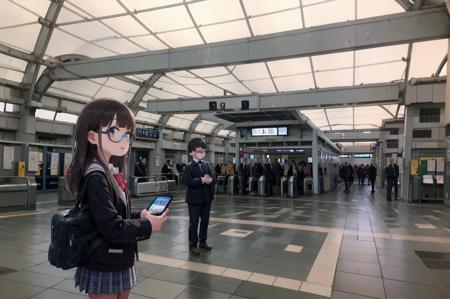 best quality, ultra-detailed, illustration,
1girl, glasses, school uniform, bag, jacket, holding, smartphone,
multiple girls, multiple boys, crowd, 
kaisatsu, automatic ticket gate, train station, scenery, sign, real world location, indoors, ceiling
 <lora:kokusai_tenjijyo_eki_SD15_V1_DIM4:1>