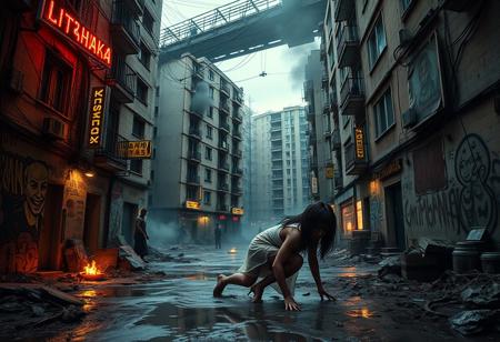 1girl, crawling, sheer_negligee, revealing_clothes, dirty_dress, dirty_skin, natural_skin_texture, pigment_variations, blemishes, scared_expression, panic, escape, desolate, unsetling_setting, on_all_fours, submerged_to_dirt. A hyper-detailed labyrinth of crumbling Soviet-era concrete tenements draped in frayed electrical cables and flickering neon signs in Cyrillic script. Puddles of oily rainwater reflect the orange glow of trash-can fires, smoke hangs low, and the hum of broken electricity buzzes in the air. Shadowy figures huddle in alleyways, faces obscured by cracked gas masks or grime-stained rags, their postures tense. Graffiti of grotesque, grinning faces peels off every wall, revealing layers of decaying propaganda posters. Above, a collapsed skybridge hangs mid-air, rusted rebar exposed like skeletal fingers. (Inspired by "post-apocalyptic urban decay with a gritty, textured aesthetic"). Quality: Finest details, crispy and grainy textures with micro-contrast, natural gradient noise, light glares from fires, caustics in water reflections, subsurface scattering on smoke. Color palette: True-to-life photorealism with a digital SLR’s dynamic range—rust orange, grimy mustard yellow, deep asphalt blacks, and desaturated crimson. Note the muted contrast where frontal sunlight bleaches textures. Mood: Chaotic, desperate, claustrophobic decay.