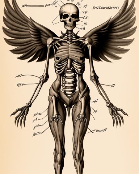 The_Resurrectionist , A nightmarish dissection diagram of a harpy:2.0, showcasing its feathered wings:0.7 extending from its humanoid shoulders:0.6, and taloned feet:0.7, depicted in the unsettling style of The Resurrectionist:1.0, capturing its avian-humanoid hybrid:0.8 in unsettling detail:0.7. ,