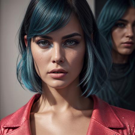 best quality,ultra-detailed,very detailed illustrations,extremely detailed,intricate details,highres,super complex details,extremely detailed 8k cg, reflection,ray tracing, ((best quality)), ((masterpiece)), (detailed), perfect face, detailing in hdr 8k, photorealistic, ultra high res,  intricate,  hyperdetailed, (skindentation), ultra realistic 8k cg, epic, octane render, raw photo, reality color,  extremely detailed, detailed eyes, luscious lips, realistic lighting, detailed face, full body, full body vision ,gigantic breasts,Fuschia eyes,glitter eyeliner,Neon Blue hair,Waves updo with bangs hair,long coat,anxious emotion,pointing pose,in an art gallery background,  nsfw,