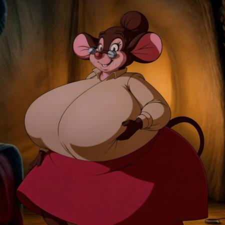 elderly, obese, female, mouse, yellow and black blouse, red skirt, glasses, brown hair in a bun, brown skin