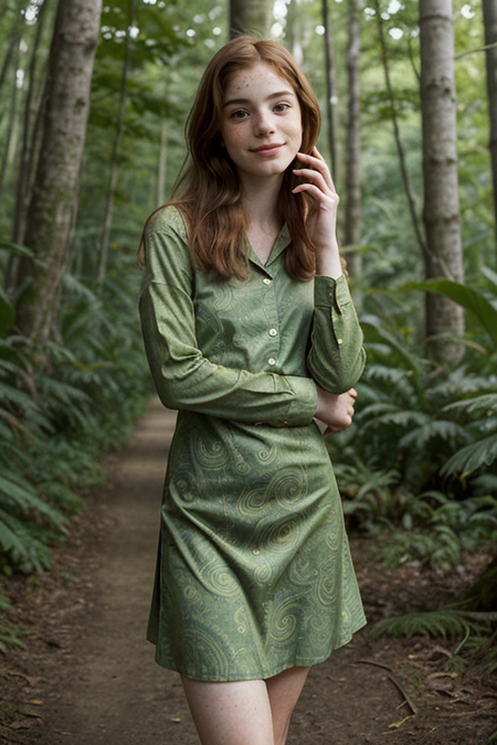 LucaHollestelle, freckles:1.35, long hair, ((slim, fit, lanky, coltish:1.5)), closeup on face, (yellow paisley dress), looking at viewer, facing viewer, taken with Leica M, 35mm f1.2, Kodachrome film, rain forest, dense jungle