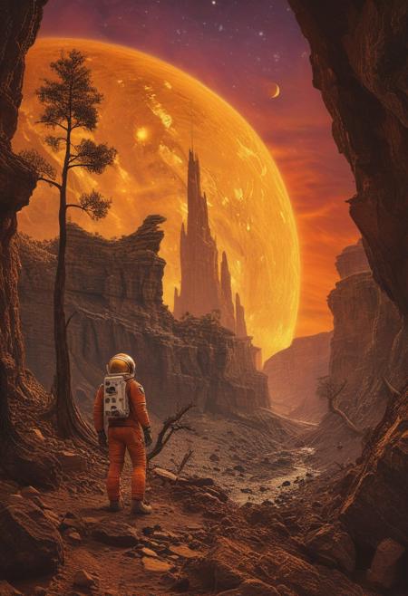 A lone astronaut stands tall at the edge of a dense alien world, framed by rugged landscape as sun sets behind him, casting warm orange glow on rustic terrain. His peaceful demeanor contrasts with the vastness of diverse trees and rocks stretching out in every direction. He gazes out at breathtaking scenery, rock cliff at his side,
masterpiece,absurdres,photorealistic,best quality