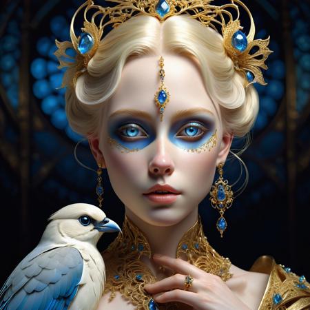 A hyper-realistic, fantasy portrait of a young woman with pale skin, platinum blonde hair and striking blue eyes, featuring intricate golden filigree designs and delicate jewels adorning her face like a mask. Her expression is serene and mysterious, with soft light illuminating her features. A beautifully detailed bird, similar to a waxwing, perches gracefully on her finger, matching the golden and jewel tones of her facial adornments. The overall composition is ethereal and ornate, with a soft focus that enhances the dreamlike atmosphere.