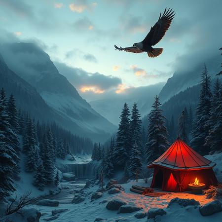 sunrise over a mountainside campsite, medieval, dungeons and dragons, snow and ice, pine forests, frozen rivers and waterfalls, distant eagle flying