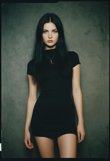 analog film photo of skin texture style
A cinematic Polaroid photography of a grunge slender girl wearing a (a tight black minidress), film still, sharp, detailed, perfect, perfection style, Kodak, film, fujifilm, technicolor, vivid color, spotlight, amateur photography style, bright light, flash photography style, cowboy shot, white light, over exposed style, Polaroid style, 1girl, solo, blue eyes, long black hair, green eyes, parted lips, lips, portrait, , wide hips, small waist, age 21, realistic,  traditional media, science fiction, teeth,St_Goth_style,  blurry, St_GrungeStyles,
, faded film, desaturated, 35mm photo, grainy, vignette, vintage, Kodachrome, Lomography, stained, highly detailed, found footage
