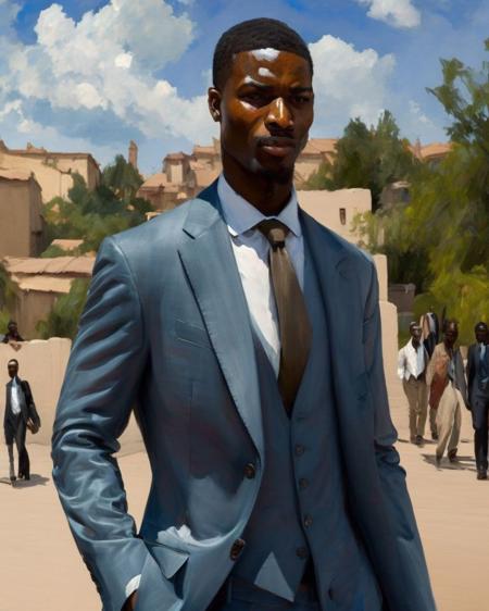 closeup portrait painting modern african businessman in a suit, outdoors under a bright blue sky with majestic clouds, Nigeria city street, head and shoulders, painting by laxpeint, extremely detailed