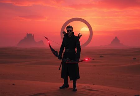 A lone Blizzard Warrior in a black trench coat and dark eyewear stands holding a crimson electric Shooting Star Bow - Ceal on an arid alien desert world. Behind him, a colossal, monolithic ring structure dominates the skyline under a vibrant cosmic twilight sky of orange and pink. Distant alien peaks rise from the dunes. Surreal sci-fi fantasy matte painting, cinematic lighting, Octane Render, Unreal Engine 5, trending on ArtstationHQ, CGSociety, high detail, golden ratio composition.