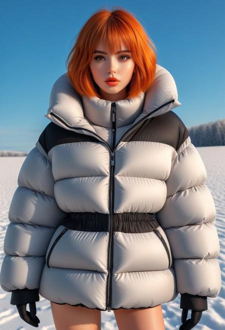 Oversized padded down jacket, Oversized padded puffer jacket, Oversized padded winter clothes, down vest, puffer vest, very very cold, cowboy shot, snow, winter, field, snow field, outdoors, nature, standing, landscape, high distinct image, gloves, Realistic, artstation original character, masterpiece, best quality, highres, ultra_detailed, 4k, UHD, pixiv, ligne claire, noise reduced, distinct, vivid, orange hair, unreal engine, orange eyes, hair ornament, sidelighting, detailed face, lipstick, perfect body, beautiful eyes, pretty face, 1girl, bishoujo, cant be this cute, bright skin, young girl, bangs, short hair, padded cuffs, padded collar, Thick padded cuffs, Thick padded collar, <lora:Collar-SDXL:0.6>, <lora:Cuffs-SDXL:0.6>, <lora:Puffer_Jacket_and_Down_Jacket_-_Extra_Puffy_Jackets:0.6>,  <lora:puffer_skirt_v1:0.6>