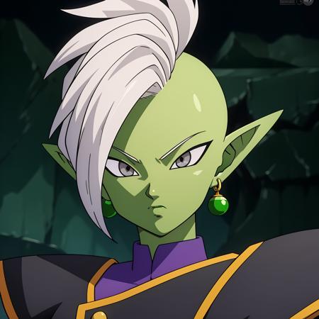 Best_QualityPos, RAW photo, intricate details, best quality, 8k uhd, soft lighting, 1boy, solo, colored skin, green skin, mohawk, white hair, grey eyes, single earring, green earring  <lora:Zamasu:0.7>